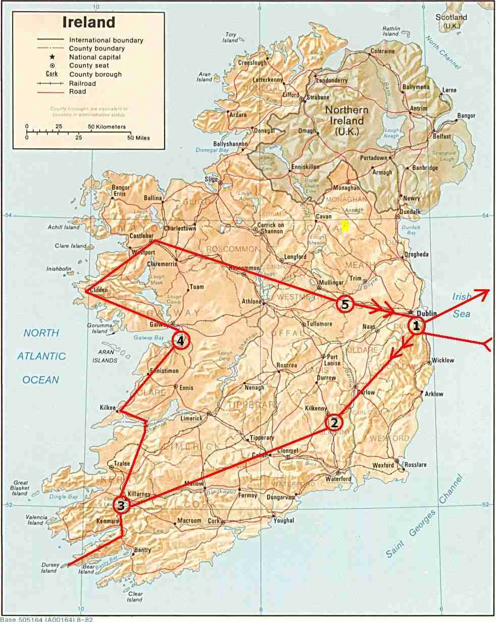 mapa na�eho putov�n� po irsku den po dni